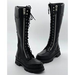 Aldo Taeldan Boots Knee High Riding Moto Zipper Black Pleather